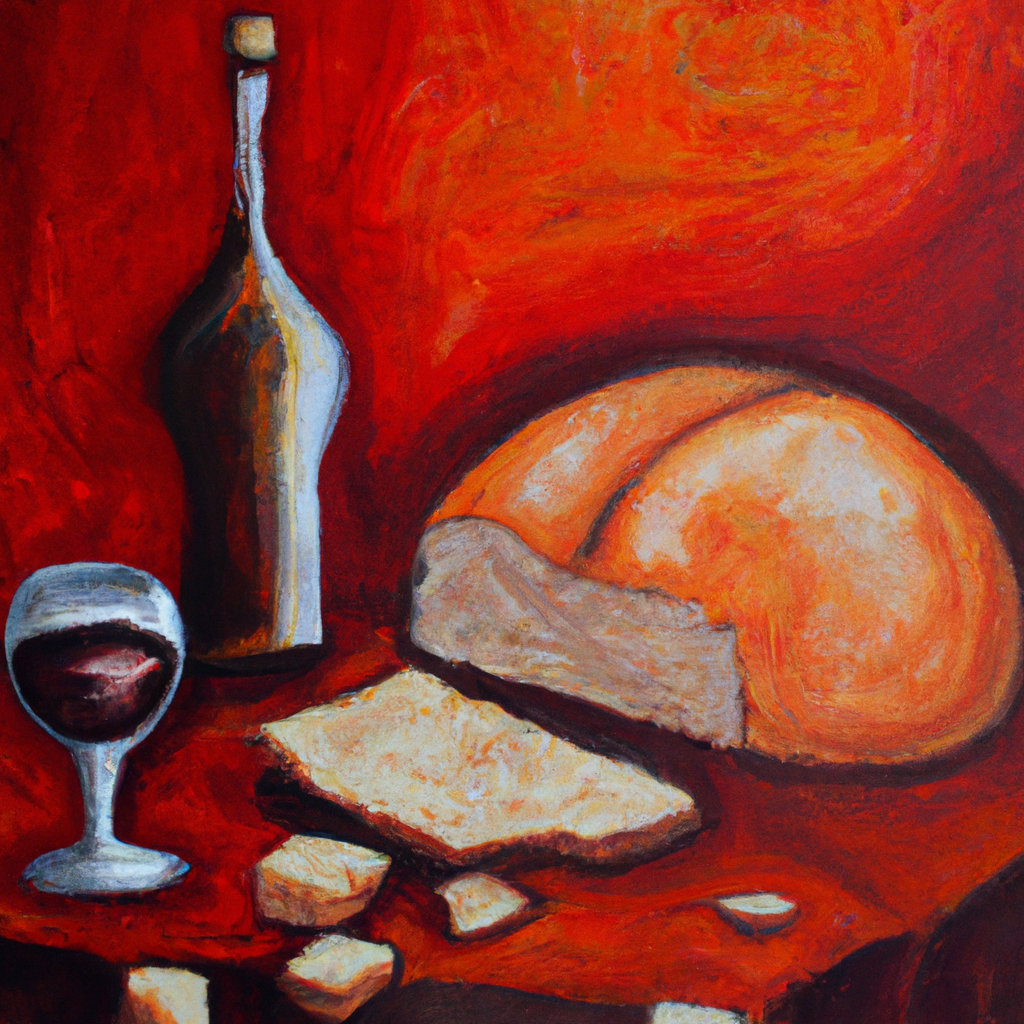 Image generated from Dall.e prompt 'An expressive oil painting of A meal of bread and wine is a symbol of unity, love, and eternal life for believers.'