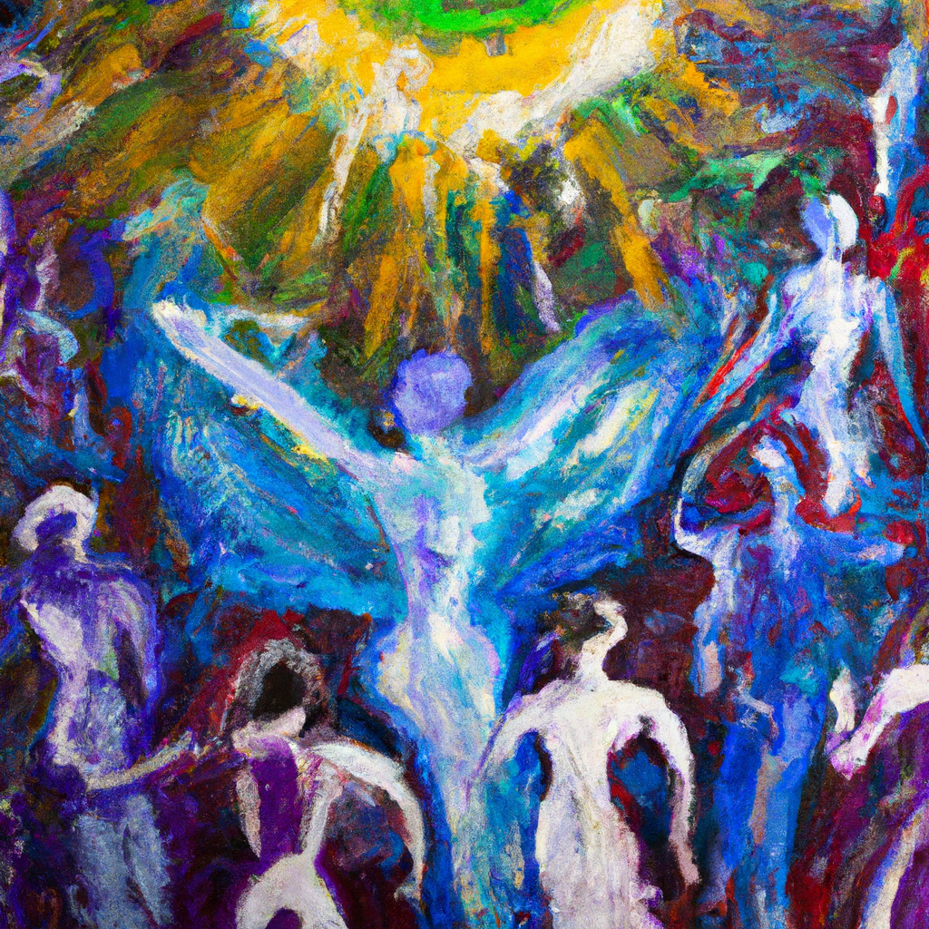 Image generated from Dall.e prompt 'An expressive oil painting of A group of people embracing, singing and dancing joyfully together, radiating light and love, united in gratitude and harmony.'