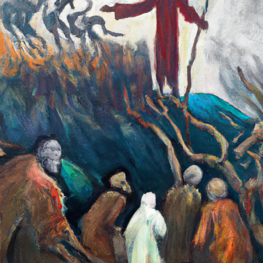 Image generated by AI from Dall.e prompt 'An expressive oil painting of Joshua leads the Israelites against Ai, using a clever ambush, capturing the city, and renewing their covenant with God.'