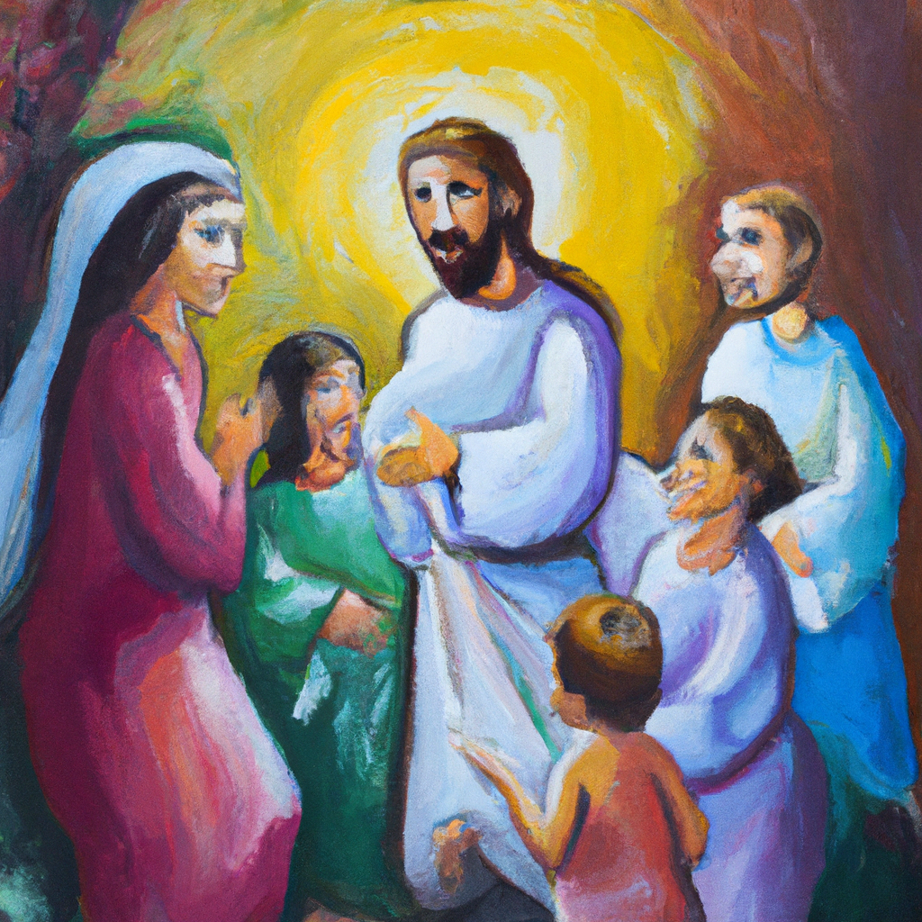 Image generated from Dall.e prompt 'An expressive oil painting of Pharisees questioned Jesus about marriage; He welcomed children, embracing their innocence, teaching love and acceptance in a vibrant scene.'