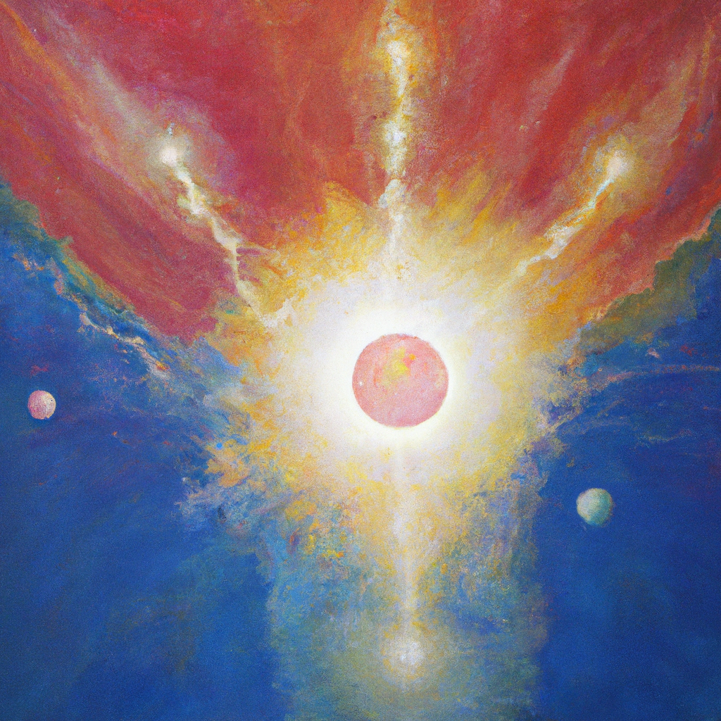 Image generated from Dall.e prompt 'An expressive oil painting of A radiant sunbeam illuminates a vast cosmos, where divine whispers echo creation's purpose, and humanity dances in harmonious unity.'