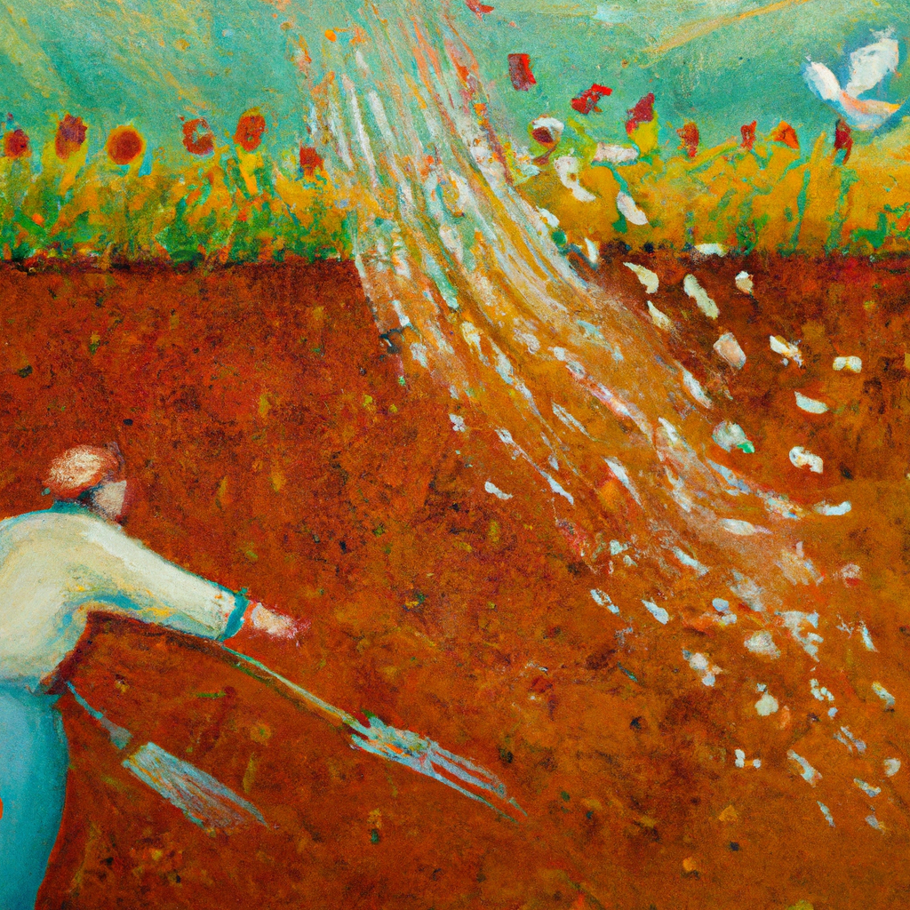 Image generated by AI from Dall.e prompt 'An expressive oil painting of A sower scatters seeds across diverse soils; some flourish, while others struggle, illustrating varied responses to life’s opportunities and growth.'