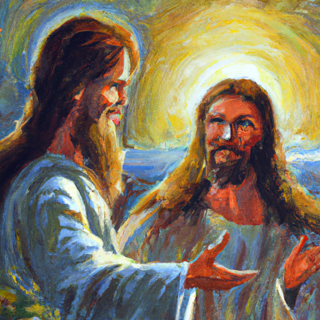 Image generated from Dall.e prompt 'An expressive oil painting of Jesus sees Nathanael approaching and marvels at his sincerity, revealing profound insights, inviting him to experience greater wonders ahead.'