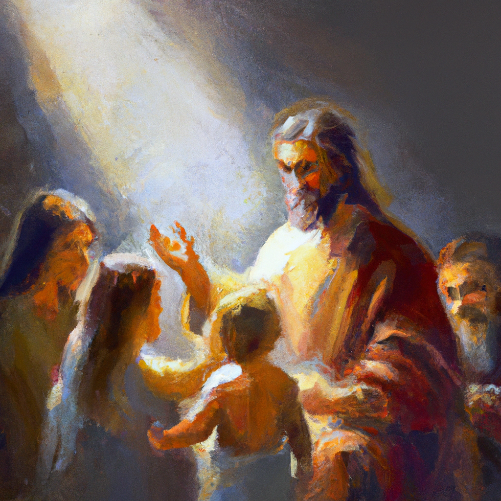 Image generated from Dall.e prompt 'An expressive oil painting of Jesus shares wisdom with His disciples, illustrating humility by welcoming a child, teaching that greatness lies in serving others selflessly.'