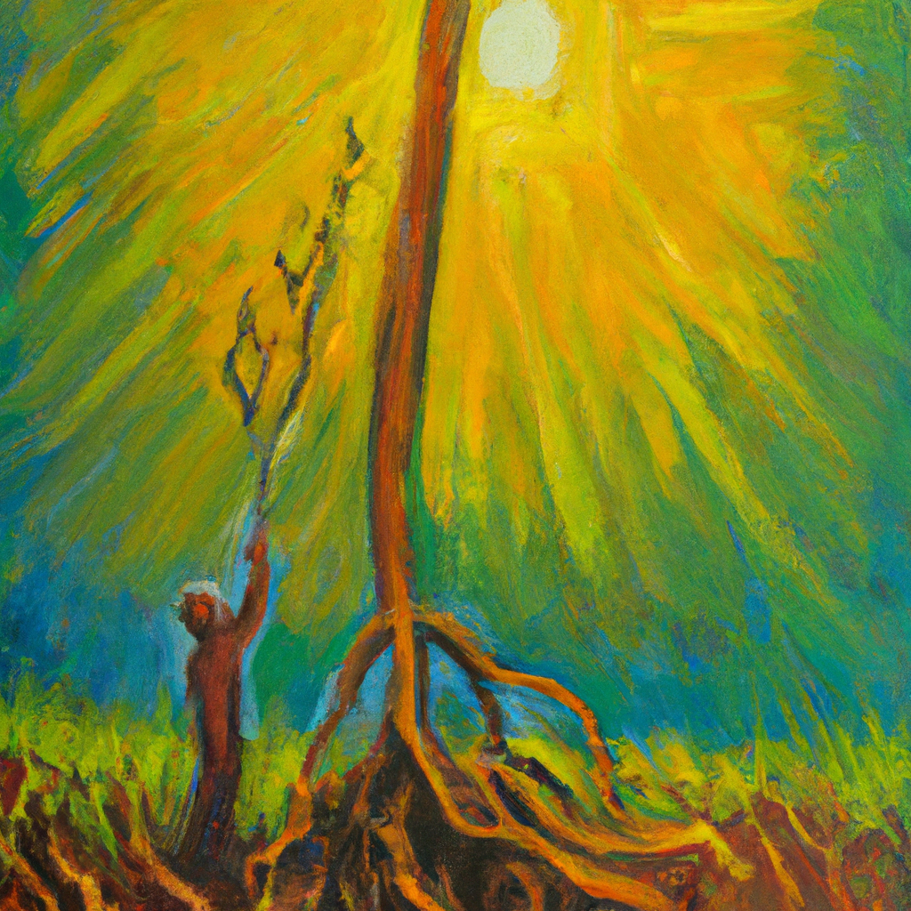 Image generated by AI from Dall.e prompt 'An expressive oil painting of A young tree bends towards the sun, its roots strong; caregivers guide it gently, ensuring it grows straight and tall.'