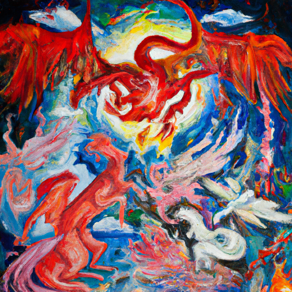 Image generated from Dall.e prompt 'An expressive oil painting of A cosmic battle unfolds: angels clash with a mighty dragon, casting it down, while joy erupts in the heavenly realms.'