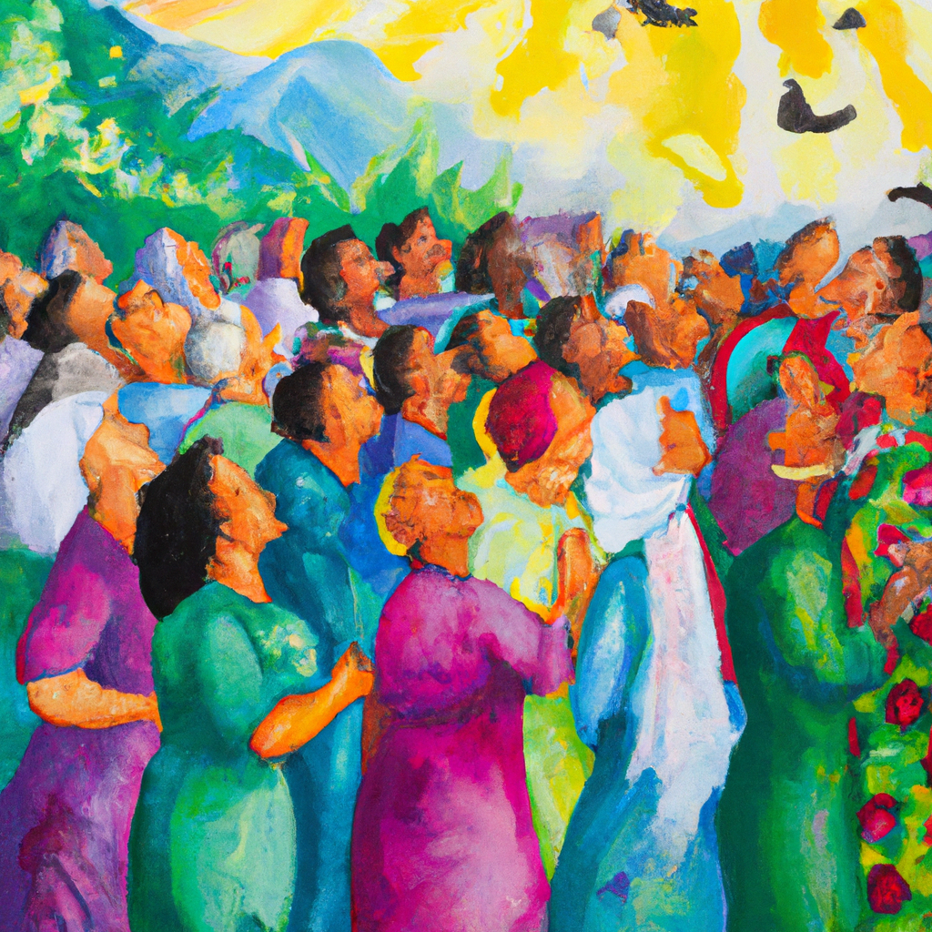 Image generated by AI from Dall.e prompt 'An expressive oil painting of In a lively gathering, diverse believers lovingly welcome each other, embracing differences while sharing their faith, joy, and understanding together.'