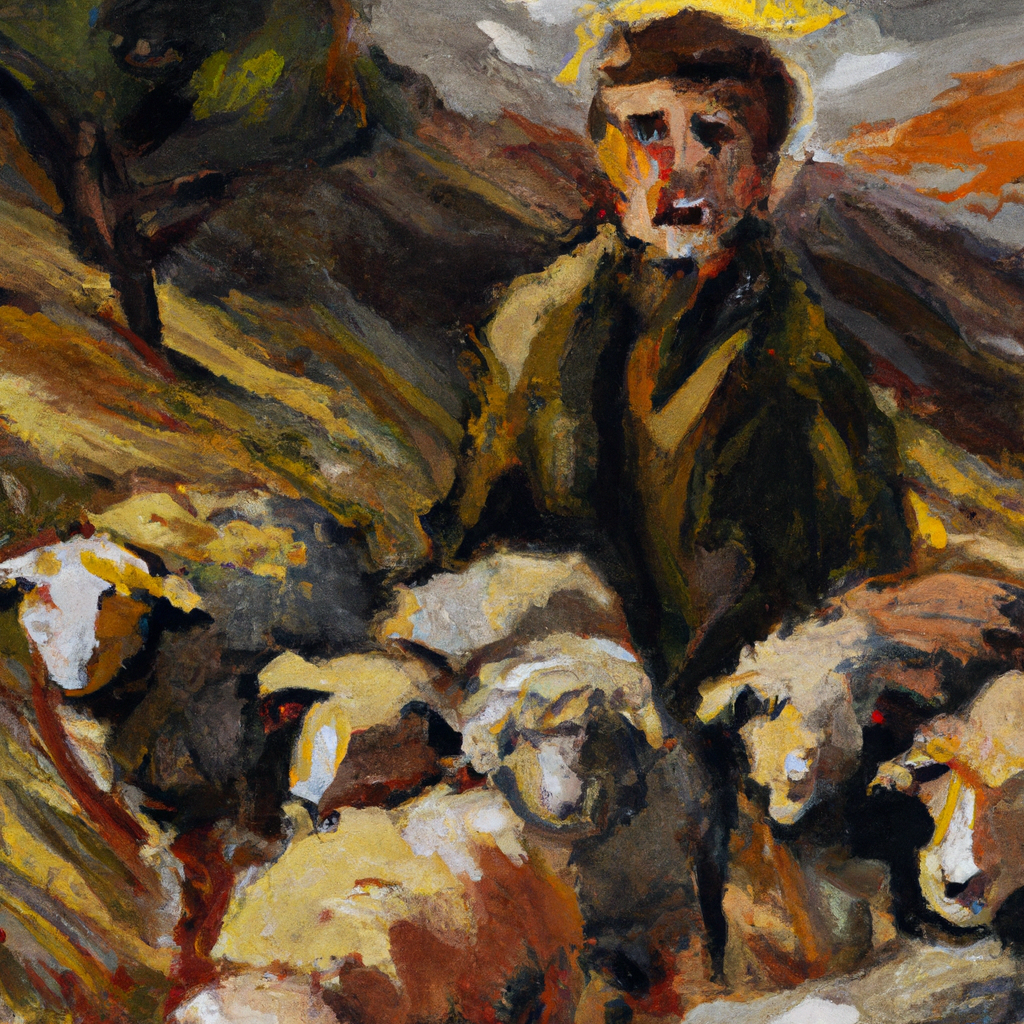 Image generated by AI from Dall.e prompt 'An expressive oil painting of A shepherd joyfully searches rugged hills, abandoning the flock, eyes bright with hope, seeking the one lost sheep to embrace.'