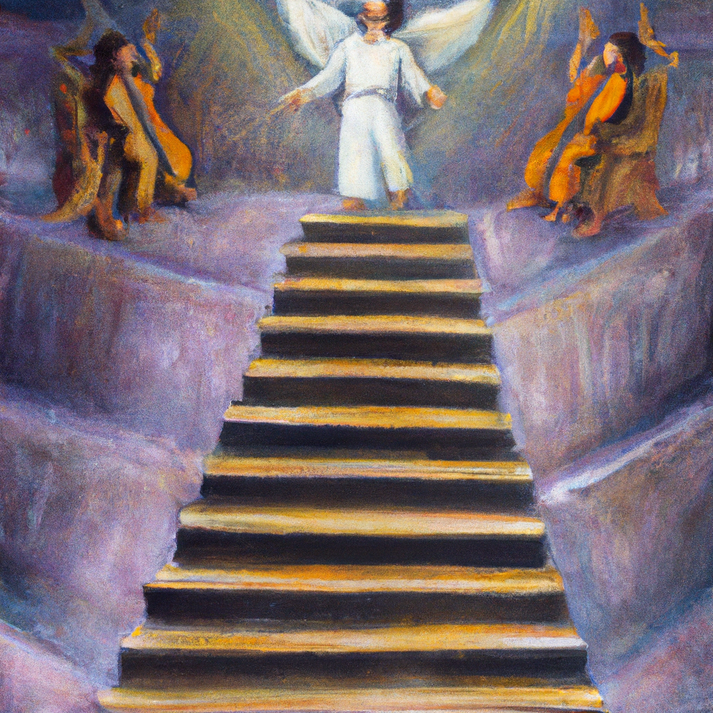 Image generated by AI from Dall.e prompt 'An expressive oil painting of Jacob dreams of a staircase reaching heaven, angels ascending and descending, God's presence surrounding him with promises and blessings.'