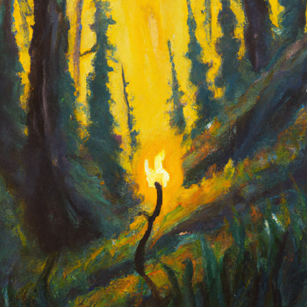 Image generated from Dall.e prompt 'An expressive oil painting of A small spark ignites a vast forest; a tiny tongue shapes destinies, wielding power to uplift or diminish with every word.'