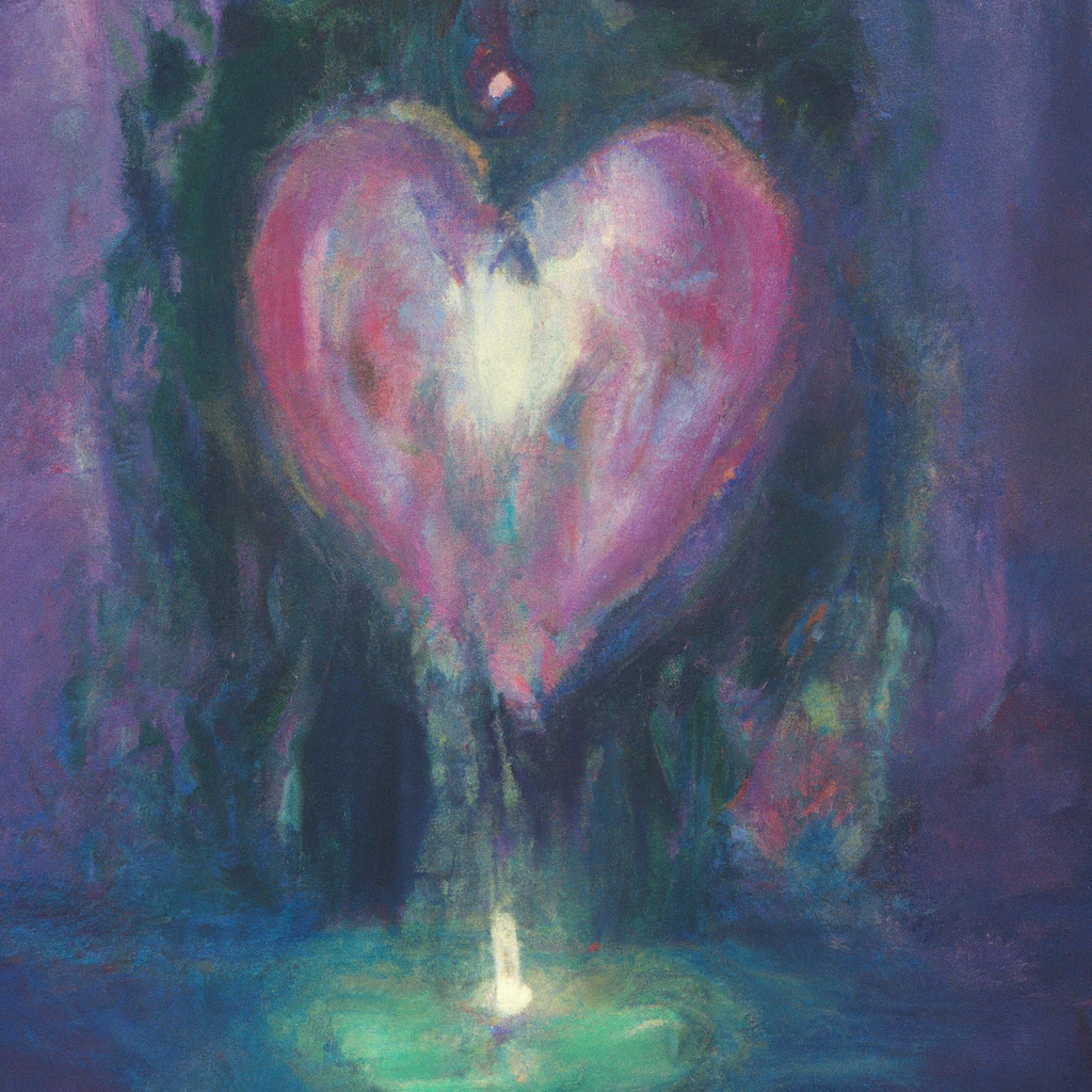 Image generated by AI from Dall.e prompt 'An expressive oil painting of A gentle spotlight illuminates the heart, revealing hidden corners, inviting transformation and guiding toward a path of peace and understanding.'