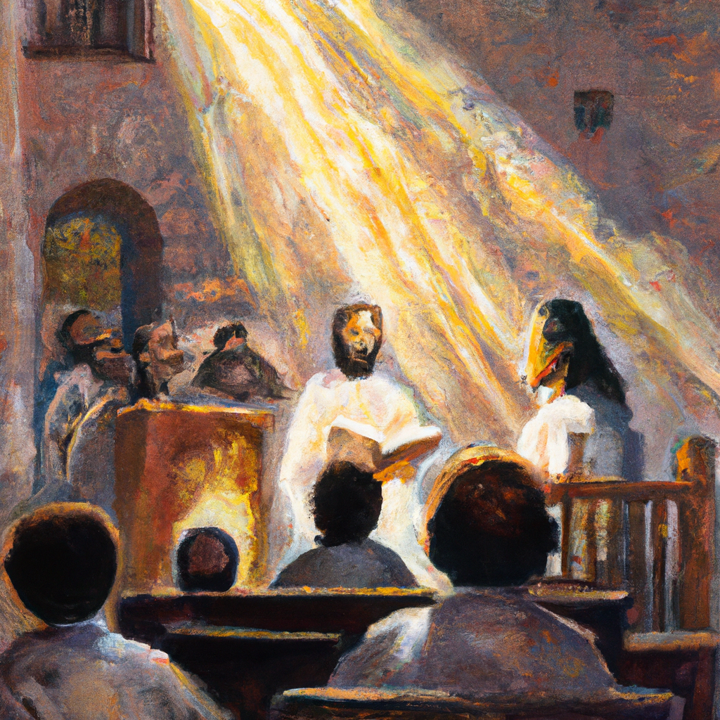 Image generated by AI from Dall.e prompt 'An expressive oil painting of In a sunlit synagogue, Jesus reads from Isaiah, declaring hope and purpose, while townsfolk gaze in awe and skepticism.'