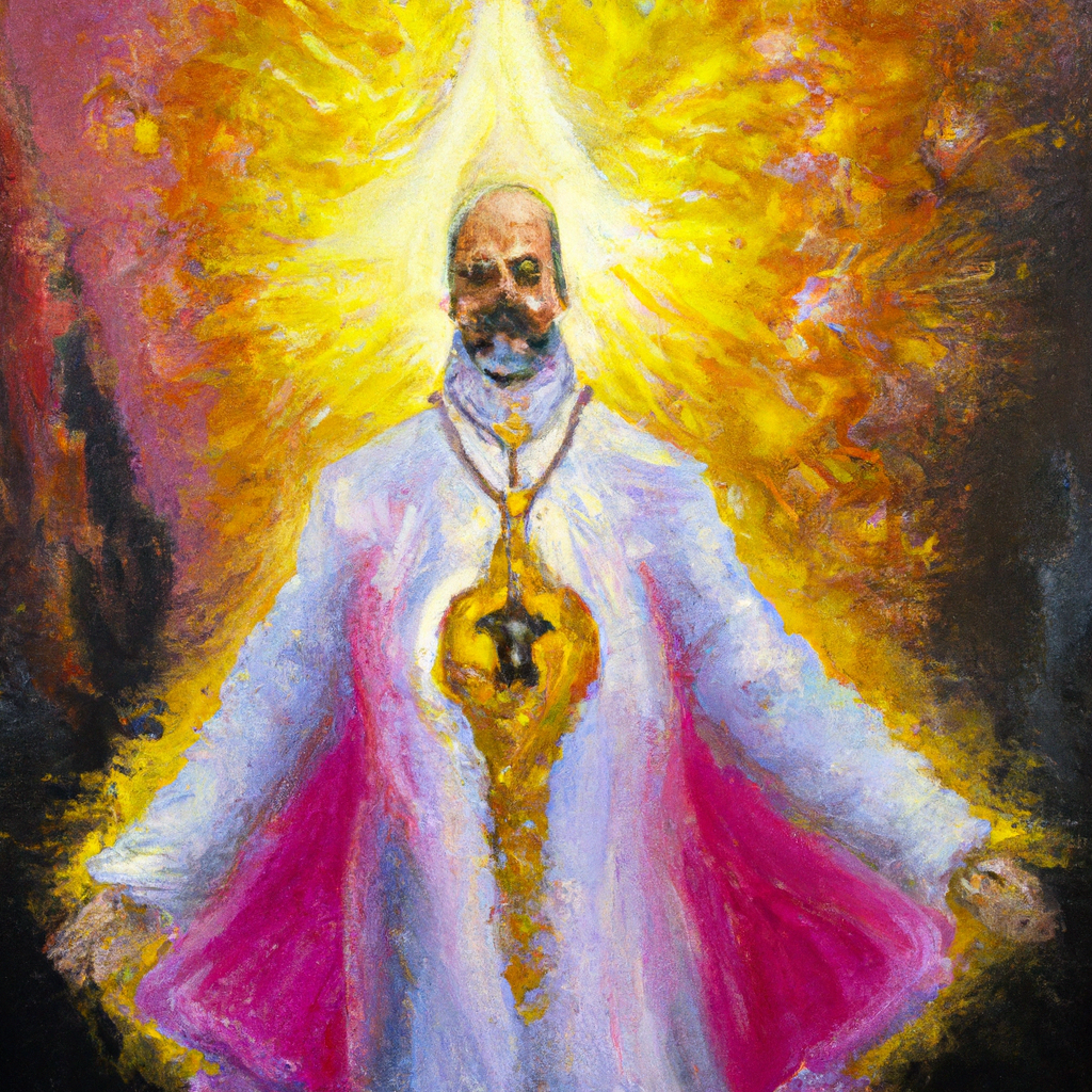 Image generated from Dall.e prompt 'An expressive oil painting of A radiant High Priest enters a sacred sanctuary, offering pure sacrifice, cleansing hearts and unveiling eternal redemption through heavenly grace.'