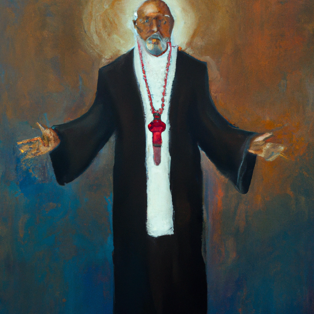 Image generated from Dall.e prompt 'An expressive oil painting of A timeless priest stands resolute, bridging humanity and the divine, offering grace and salvation through eternal, unwavering love and purpose.'