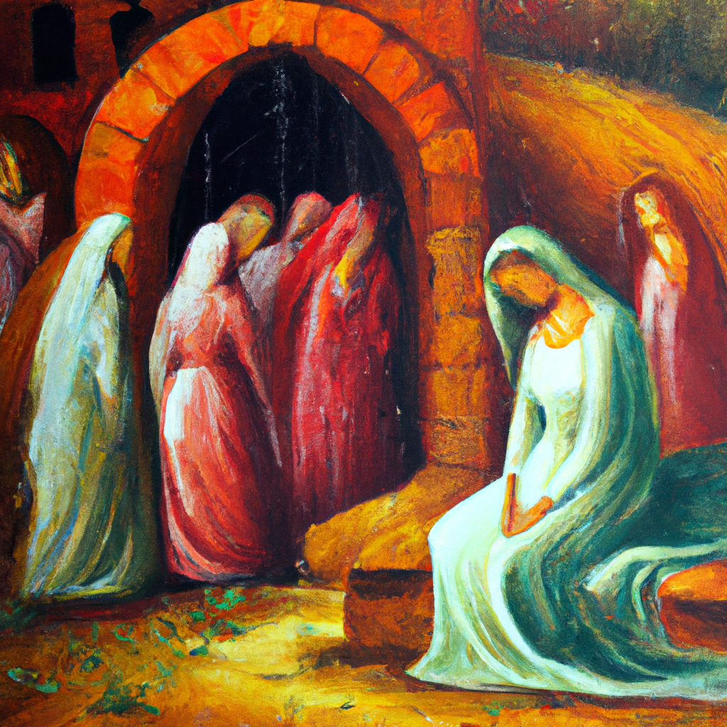 Image generated from Dall.e prompt 'An expressive oil painting of Mary weeps at Jesus' feet, heart heavy; mourners sigh, hope flickers as He approaches the tomb, stirring deep emotions.'