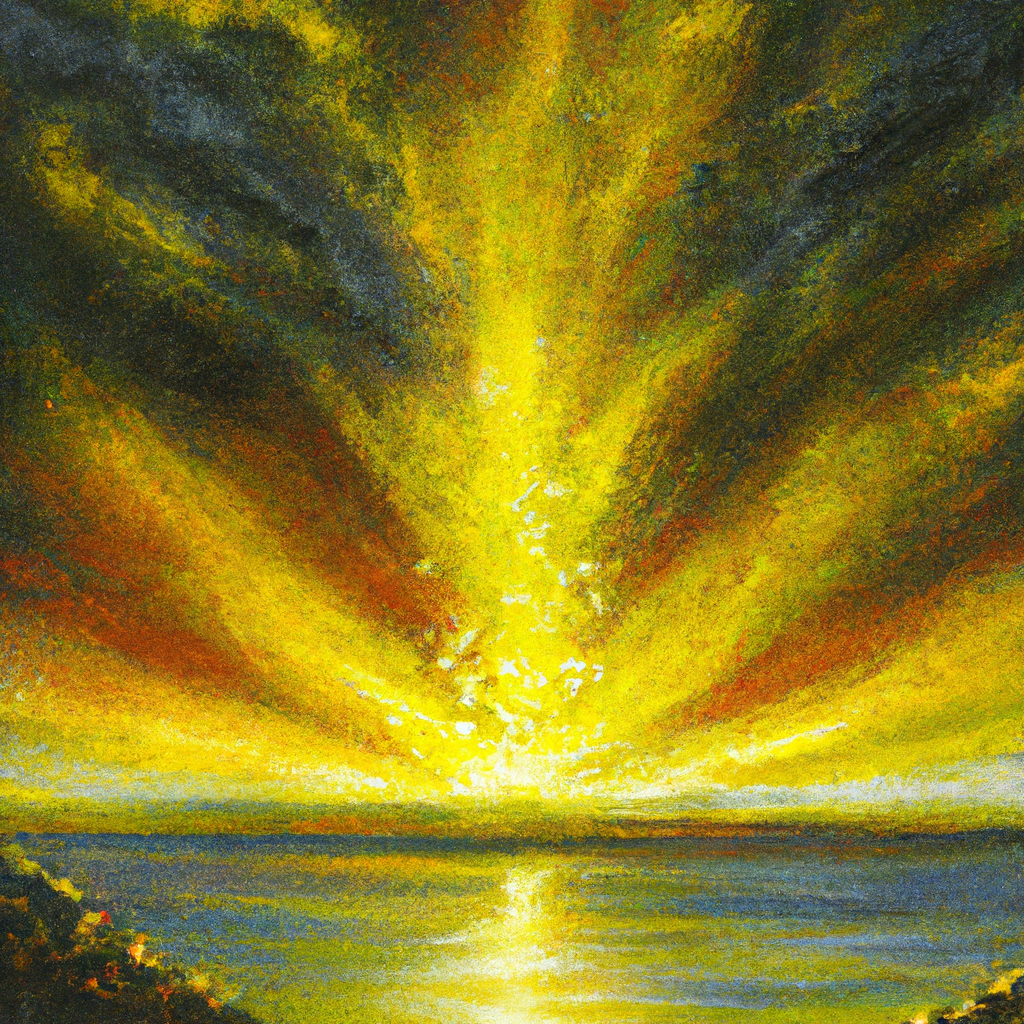 Image generated from Dall.e prompt 'An expressive oil painting of A radiant new heaven and earth emerge, divine light shines, and a promise of renewal envelops all with hope and joy.'