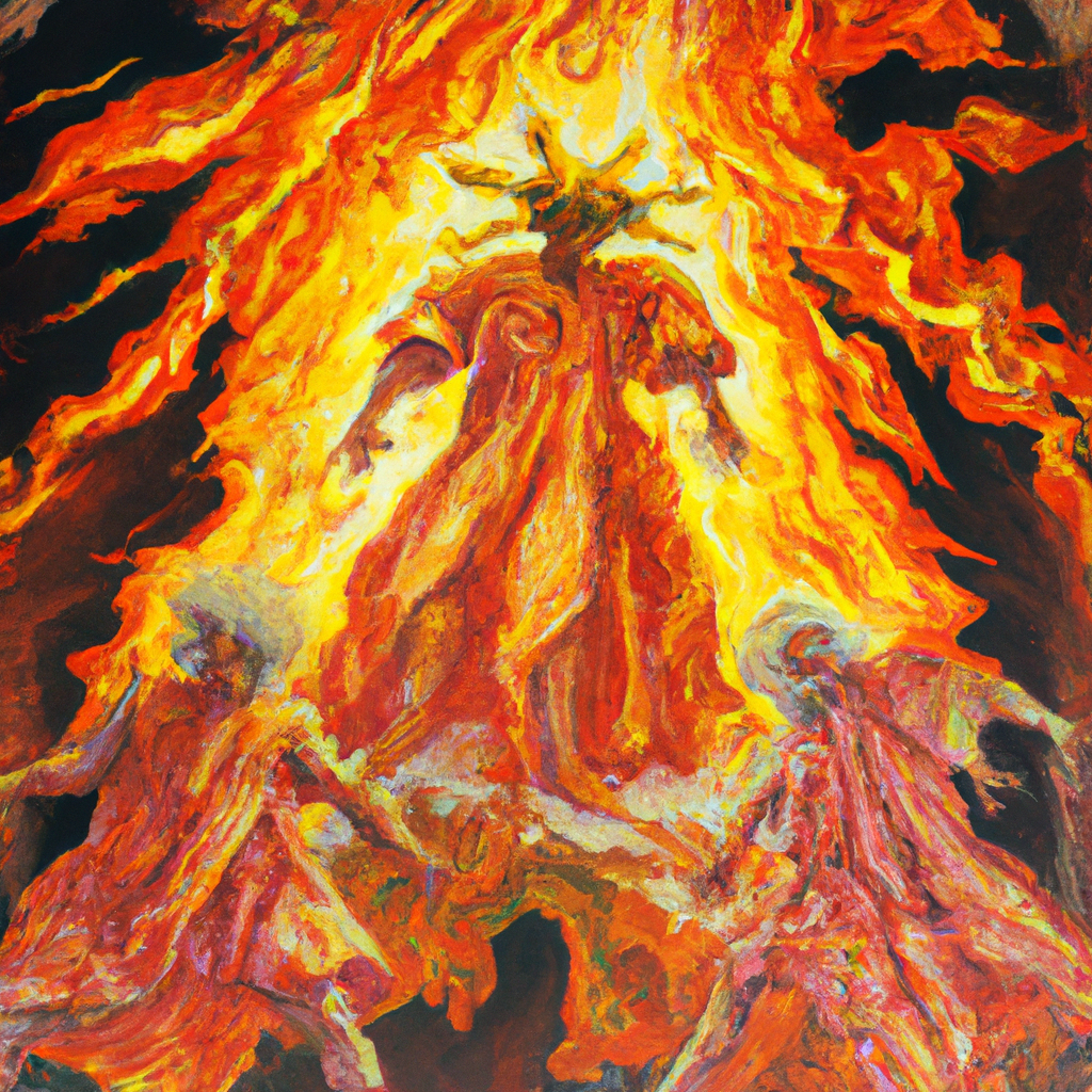 Image generated by AI from Dall.e prompt 'An expressive oil painting of Three courageous men face a blazing furnace, defying a king, while divine protection surrounds them in radiant glory. Spectators marvel.'