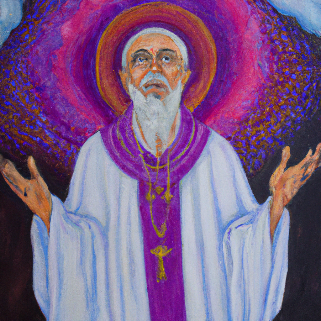 Image generated from Dall.e prompt 'An expressive oil painting of A compassionate high priest navigates human experience, bridging between God and people, embodying empathy, understanding, and divine purpose through dedication.'