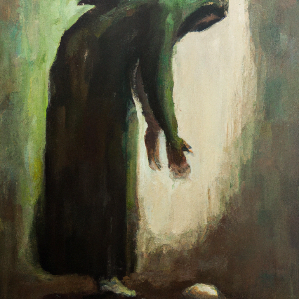 Image generated by AI from Dall.e prompt 'An expressive oil painting of A gentle figure bears a heavy burden, surrounded by shadows, offering hope and healing to the weary with unwavering strength.'