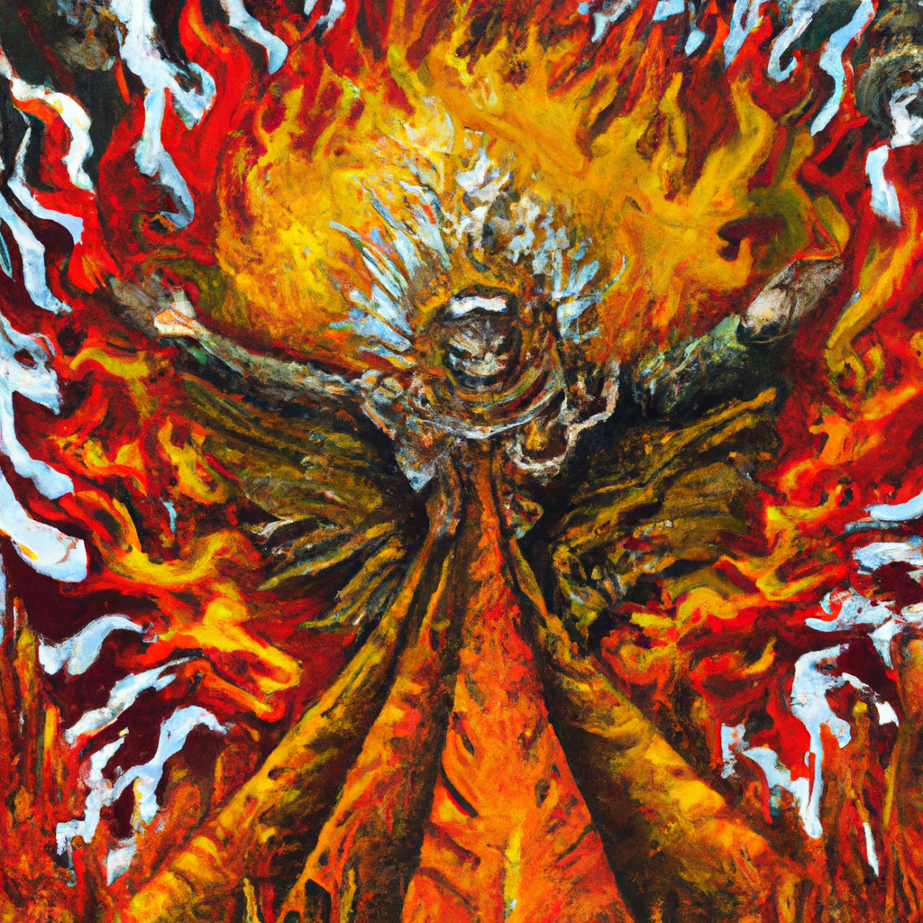 Image generated by AI from Dall.e prompt 'An expressive oil painting of A radiant throne; ancient figure in flowing robes, fiery wheels surround, countless multitudes gather, a majestic ruler receives eternal dominion.'