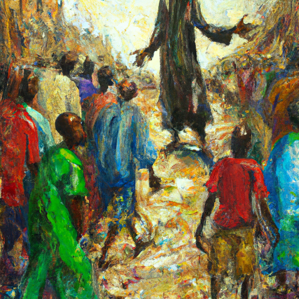 Image generated by AI from Dall.e prompt 'An expressive oil painting of Jonah, reluctant yet determined, walks through Nineveh's bustling streets, proclaiming hope and change, as the city's people listen intently.'