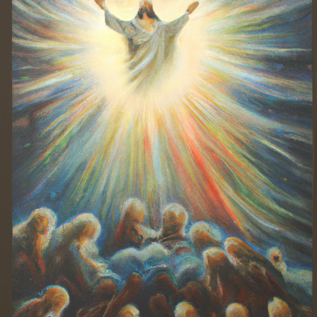 Image generated from Dall.e prompt 'An expressive oil painting of In the heavenly sanctuary, Christ enters, illuminating grace, offering redemption, bridging worlds, uniting hearts, and bringing eternal hope to humanity.'