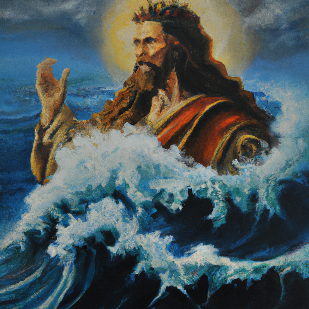 Image generated from Dall.e prompt 'An expressive oil painting of The Lord reigns, a majestic king; waves crash powerfully, yet His sovereignty remains unmoved, eternal strength envelops all creation.'