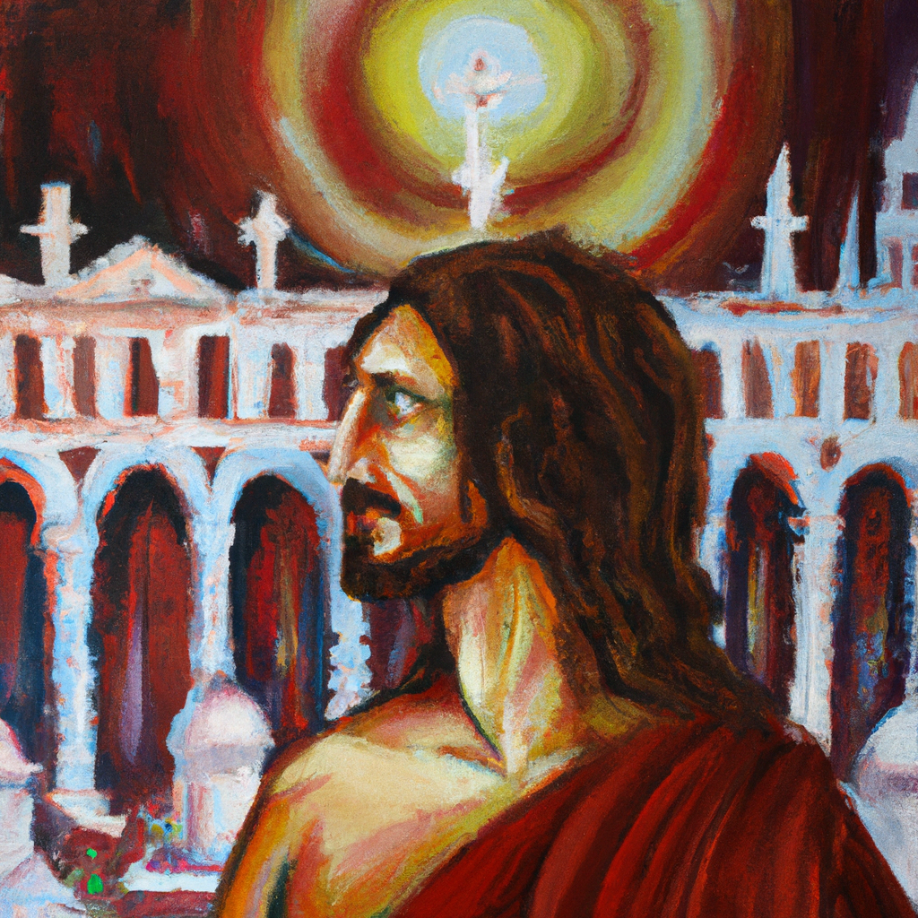 Image generated from Dall.e prompt 'An expressive oil painting of Jesus gazes at an ornate temple, foretelling upheaval and change, sparking curiosity among his followers about future events and signs.'