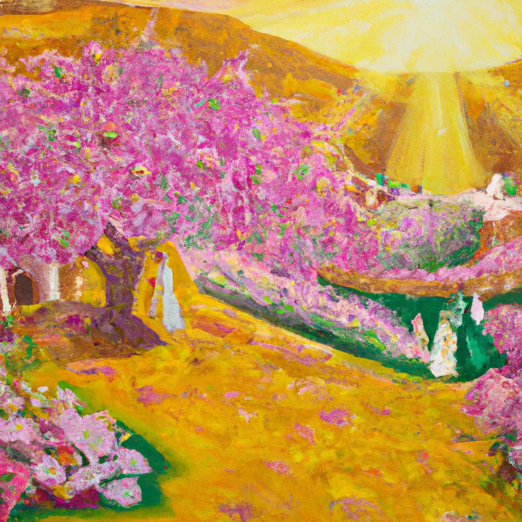 Image generated by AI from Dall.e prompt 'An expressive oil painting of A vibrant tapestry of devotion, where faith blooms in promises, and hearts embrace the rhythm of obedience amid a breathtaking landscape.'