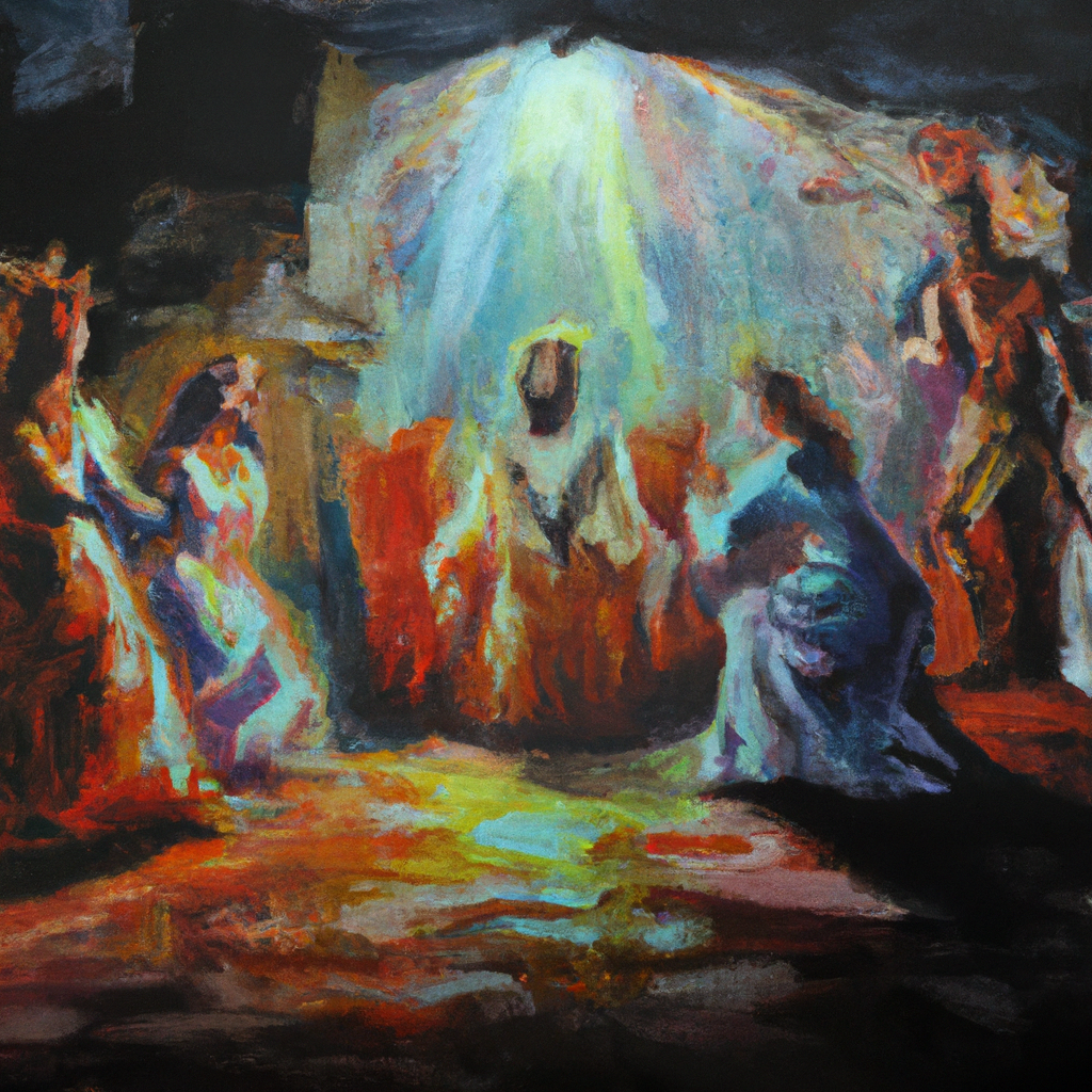 Image generated from Dall.e prompt 'An expressive oil painting of In a dim palace, truth and authority clash as Jesus speaks to Pilate, illuminating the essence of His divine kingdom.'