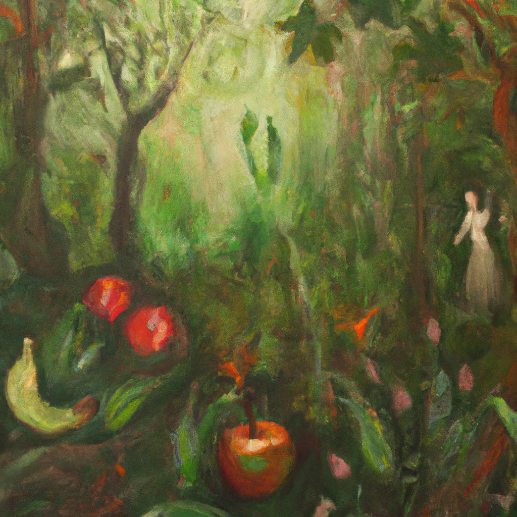 Image generated by AI from Dall.e prompt 'An expressive oil painting of In a lush garden, curiosity leads to forbidden fruit, igniting consequences that transform paradise into toil, loss, and enduring struggle.'