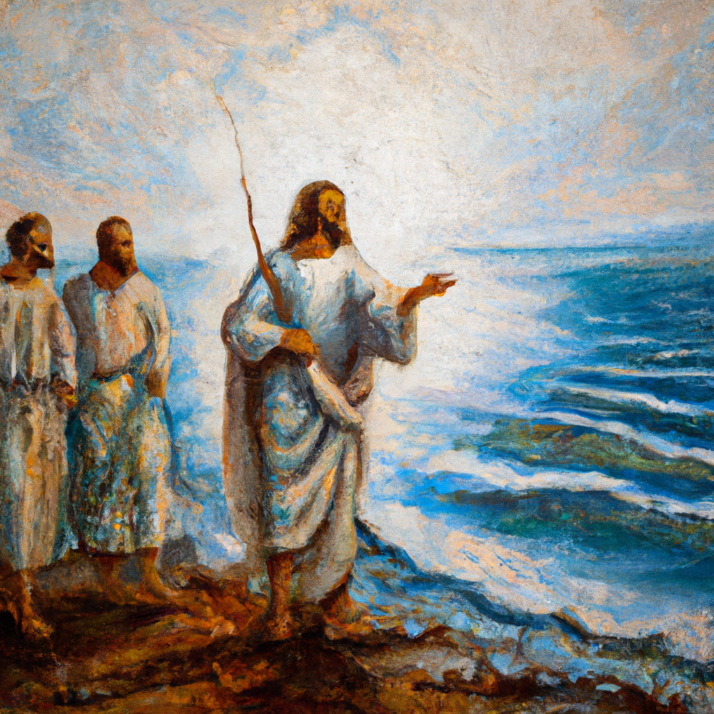 Image generated from Dall.e prompt 'An expressive oil painting of Jesus walks by the Sea of Galilee, calling fishermen to leave their nets and follow Him into a new life.'