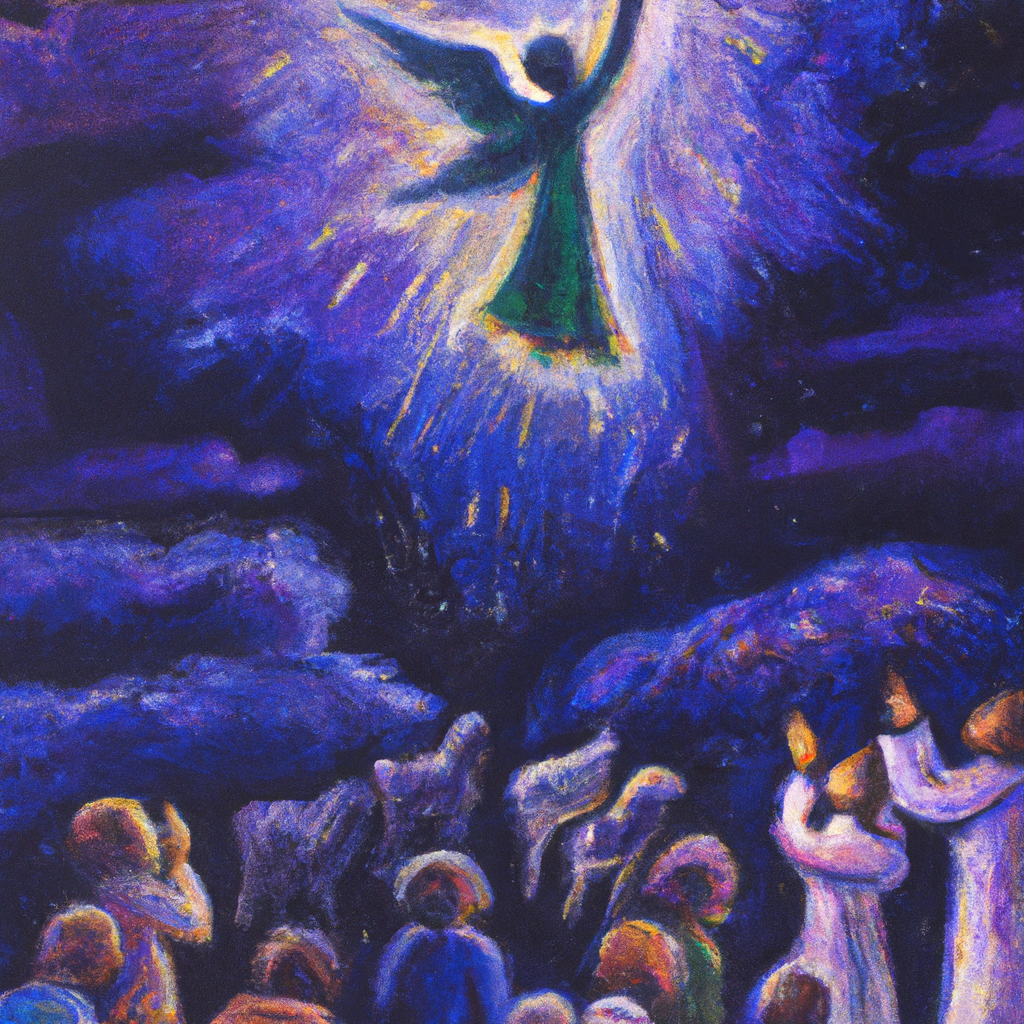 Image generated by AI from Dall.e prompt 'An expressive oil painting of Angelic chorus fills the night sky, proclaiming joy and peace, as shepherds gaze in awe at the heavenly message.'