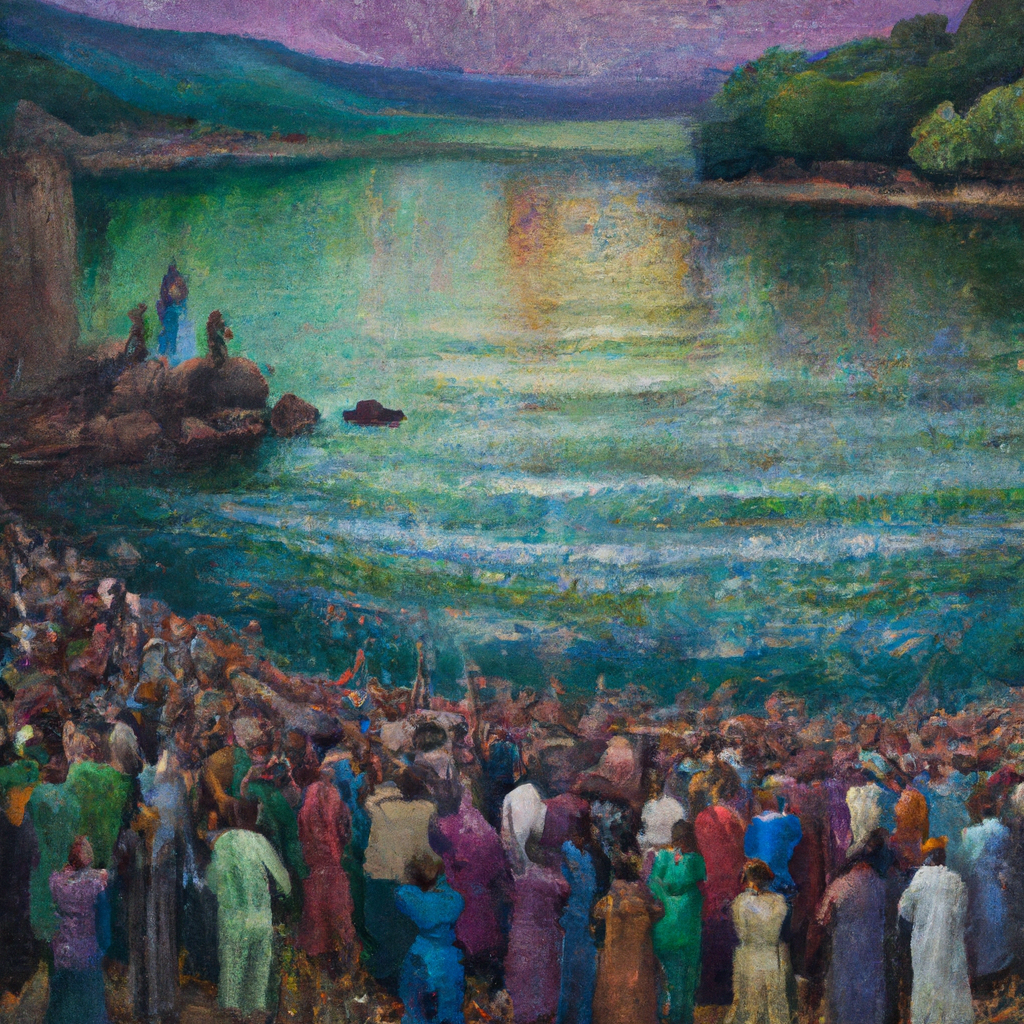 Image generated from Dall.e prompt 'An expressive oil painting of Crowds gathered by the river, listening intently as John proclaimed repentance, urging hearts to change and prepare for joy's arrival.'