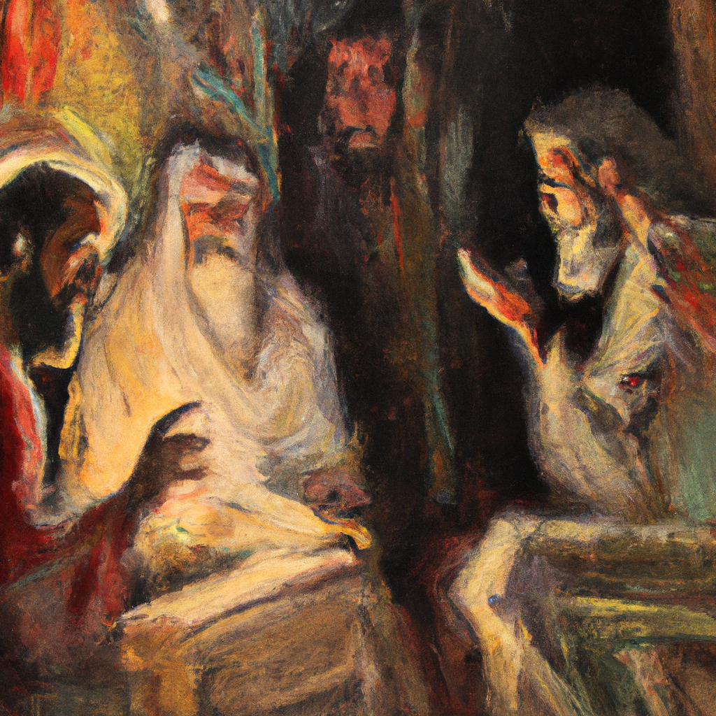 Image generated by AI from Dall.e prompt 'An expressive oil painting of In the temple, Jesus converses with wise elders, radiating understanding and wisdom, as Mary and Joseph express their anxious search.'