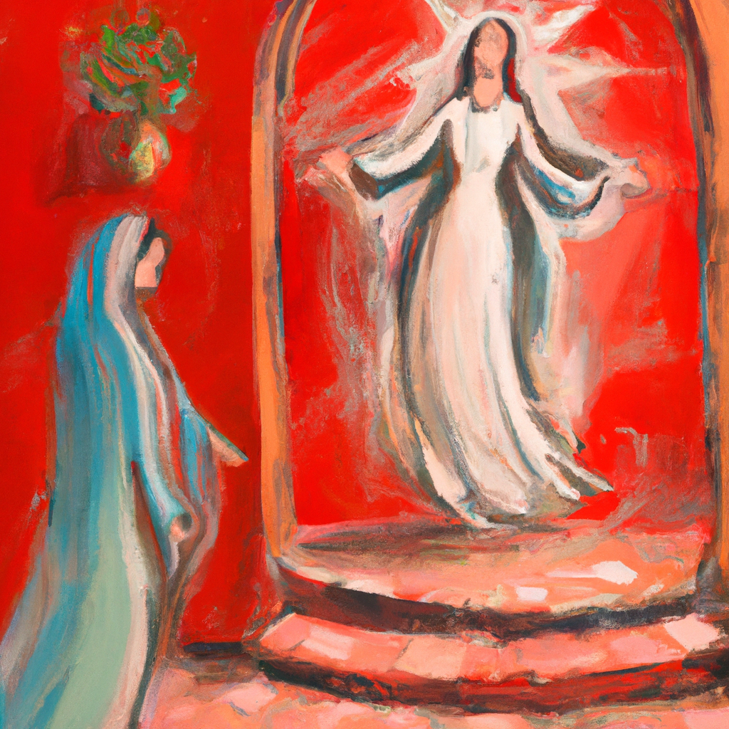 Image generated from Dall.e prompt 'An expressive oil painting of Mary enters Elizabeth's home, joy radiating as their spirits connect; the unborn leap with delight, celebrating divine promise and presence.'