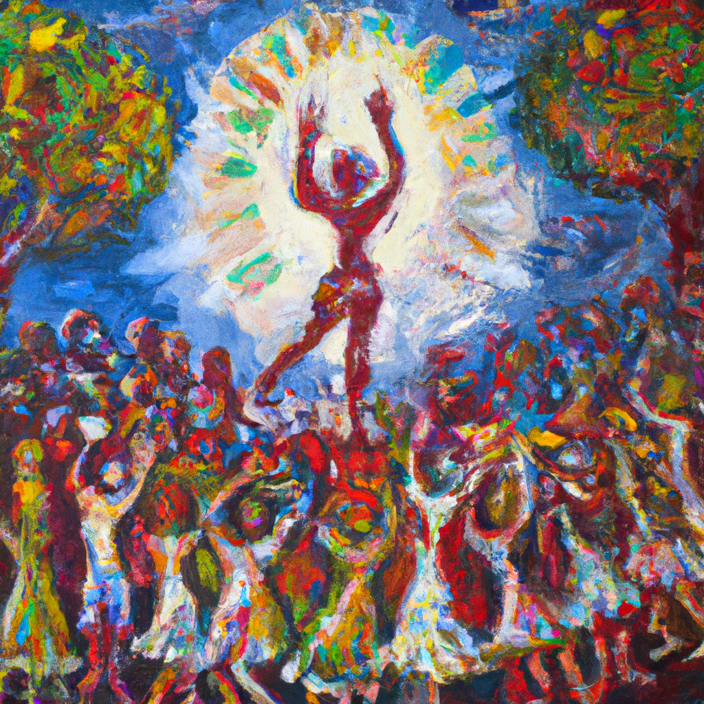 Image generated from Dall.e prompt 'An expressive oil painting of Joyful songs fill the air as people celebrate, drawing water from wells of salvation, radiating light and gratitude in harmony.'