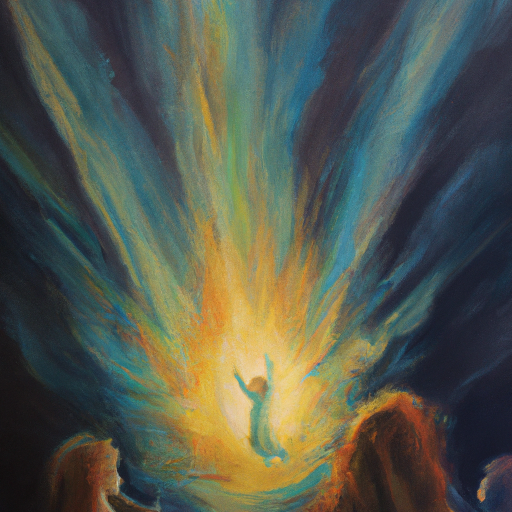 Image generated by AI from Dall.e prompt 'An expressive oil painting of A radiant light breaks through darkness, heralding joy and guidance as a child is born, embodying hope, peace, and strength.'