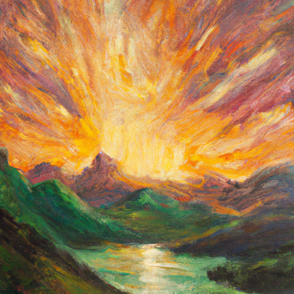 Image generated from Dall.e prompt 'An expressive oil painting of A radiant dawn breaks over the earth, as creation rejoices; mountains dance, rivers sing, and nations celebrate God's glorious reign.'