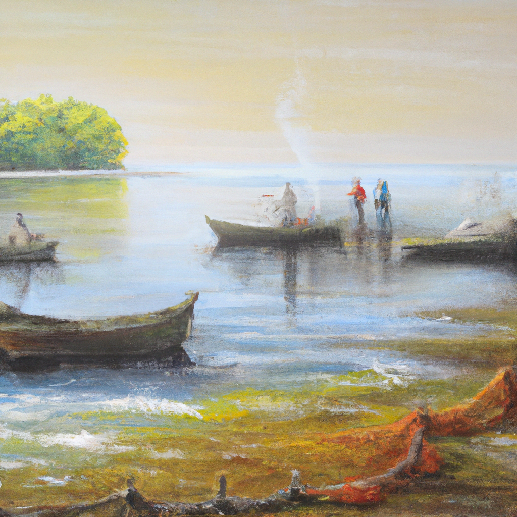 Image generated from Dall.e prompt 'An expressive oil painting of A serene lakeshore, boats glimmering, fishermen amazed as overflowing nets reveal a miraculous catch; the call to follow unfolds.'