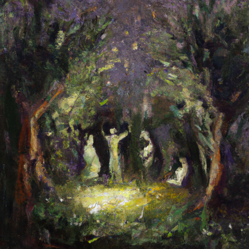 Image generated from Dall.e prompt 'An expressive oil painting of In a serene olive garden, shadowy figures linger while a figure kneels, grappling with profound choices beneath the starlit sky.'