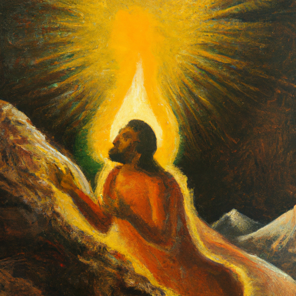 Image generated by AI from Dall.e prompt 'An expressive oil painting of Moses, radiant and glowing, descends from the mountain, his face shining brightly, reflecting divine glory, captivating all who behold him.'