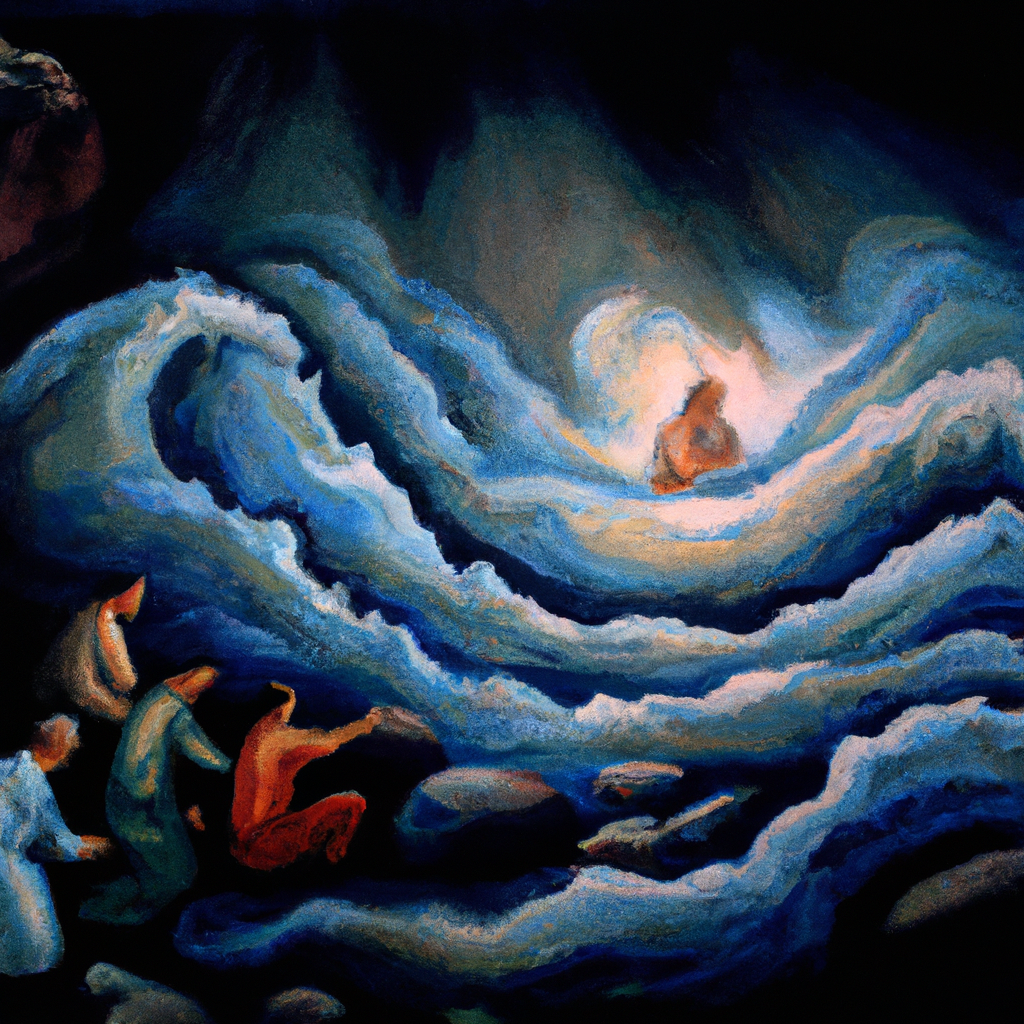 Image generated from Dall.e prompt 'An expressive oil painting of A turbulent sea roils as Jesus sleeps, disciples fearfully struggle, then awe fills the air when calmness returns with His command.'