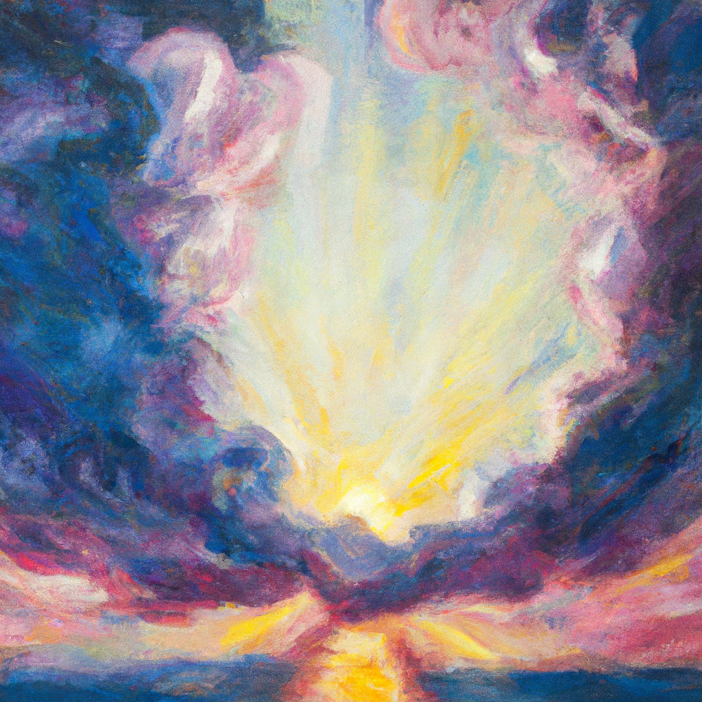 Image generated from Dall.e prompt 'An expressive oil painting of A radiant light breaks through clouds, whispering hope; vibrant words dance in the air, inviting hearts to believe and embrace life.'