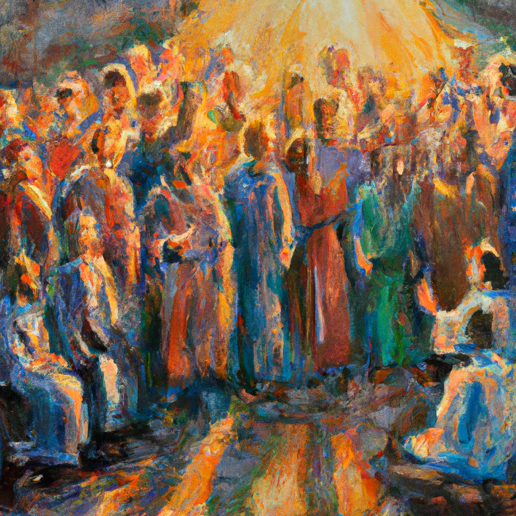 Image generated by AI from Dall.e prompt 'An expressive oil painting of In a sunlit region, disciples gather as Jesus inquires, revealing Simon’s heartfelt declaration of faith: “You are the Messiah.”'