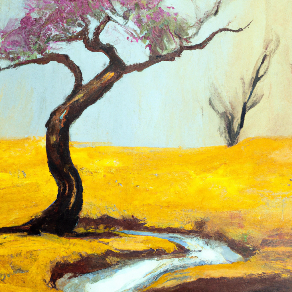 Image generated by AI from Dall.e prompt 'An expressive oil painting of A barren tree in a parched desert contrasts with a flourishing one by a stream, illustrating trust and resilience.'