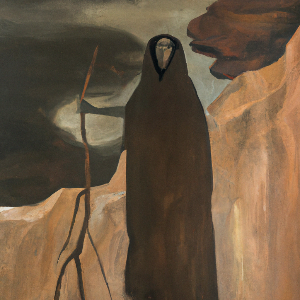 Image generated from Dall.e prompt 'An expressive oil painting of In a desolate landscape, a resolute figure faces temptations from shadows, demonstrating steadfast spirit and unwavering purpose against enticing distractions.'