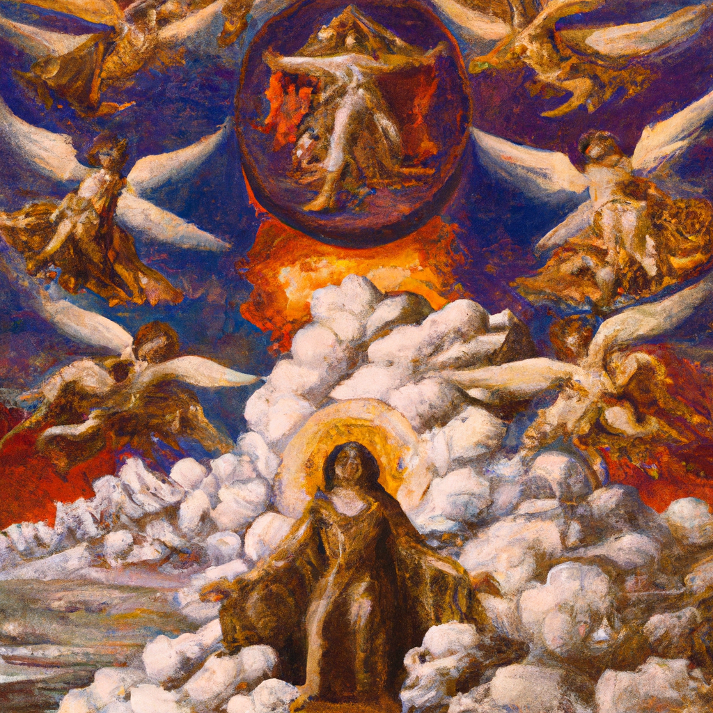 Image generated from Dall.e prompt 'An expressive oil painting of Majestic clouds surround the throne; angels proclaim holiness. The earth trembles beneath divine authority, celebrating justice and righteousness in harmony.'