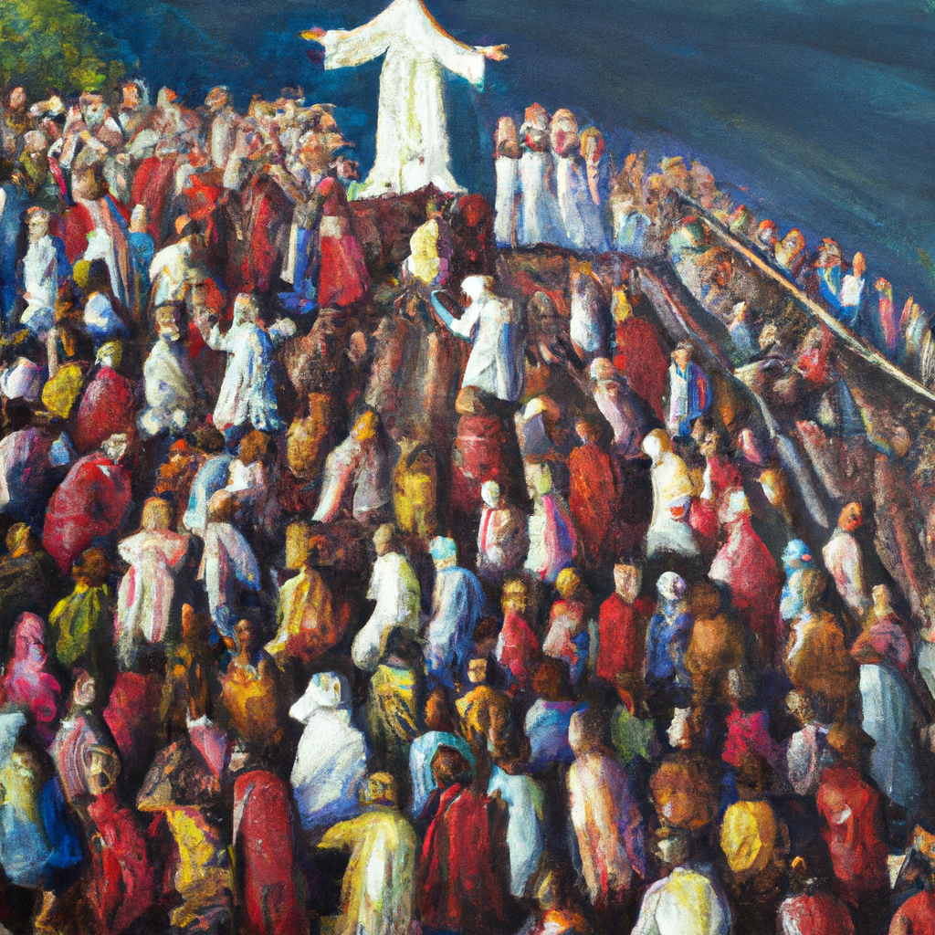 Image generated from Dall.e prompt 'An expressive oil painting of A crowd gathered around Jesus on a hill, receiving blessings and guidance, while he spoke of challenges faced by many.'