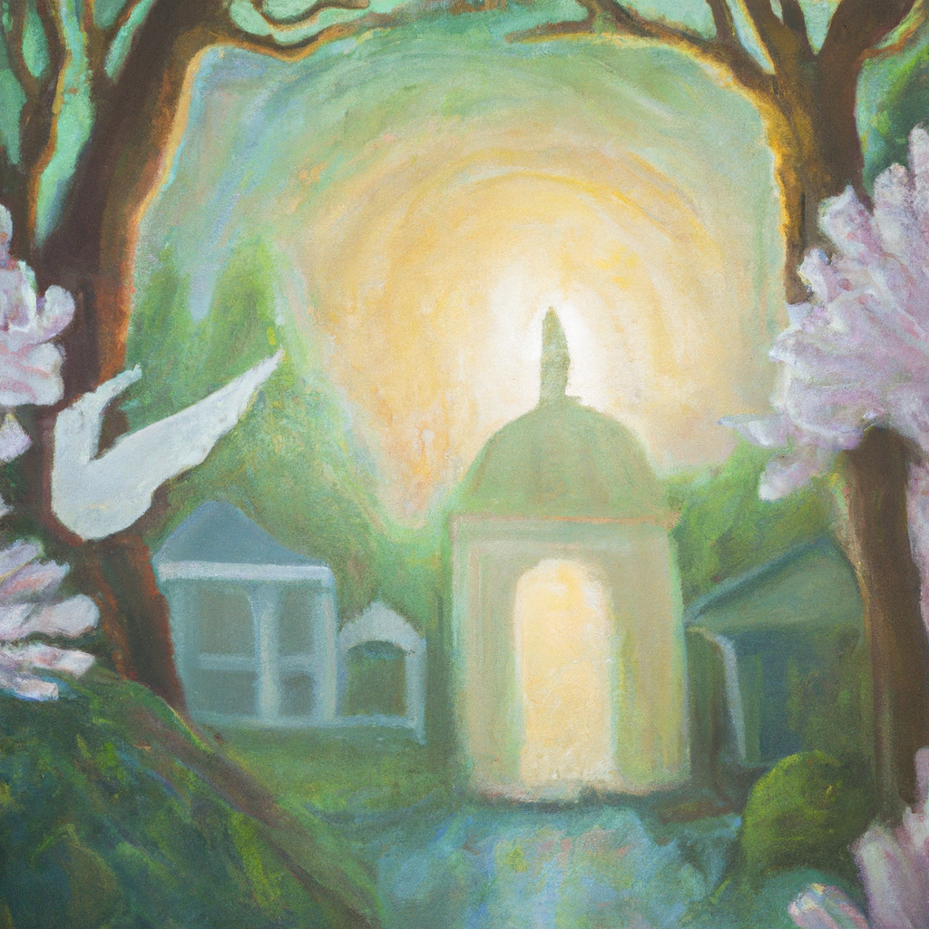 Image generated from Dall.e prompt 'An expressive oil painting of A tranquil sanctuary under divine wings, where trust blossoms; a refuge embraced by steadfast love and protection from hidden fears.'